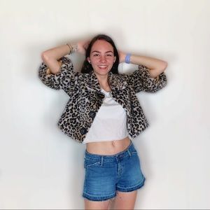 Leopard fur cropped jacket bell sleeve